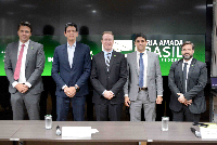 Diretor de planejamento da EPL, Rafael Benini, ministro da Infraestrutura, Marcelo Sampaio, diretor-presidente da EPL, Mateus Szwarcwing, ministro da CGU, Wagner Rosário, diretor de Gestão da EPL, Marcelo Caldas